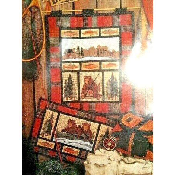 1995 Calico Garden Gone Fishin' Wall Quilt Applique Patterns Lodge Fishing Cabin - Picture 3 of 3